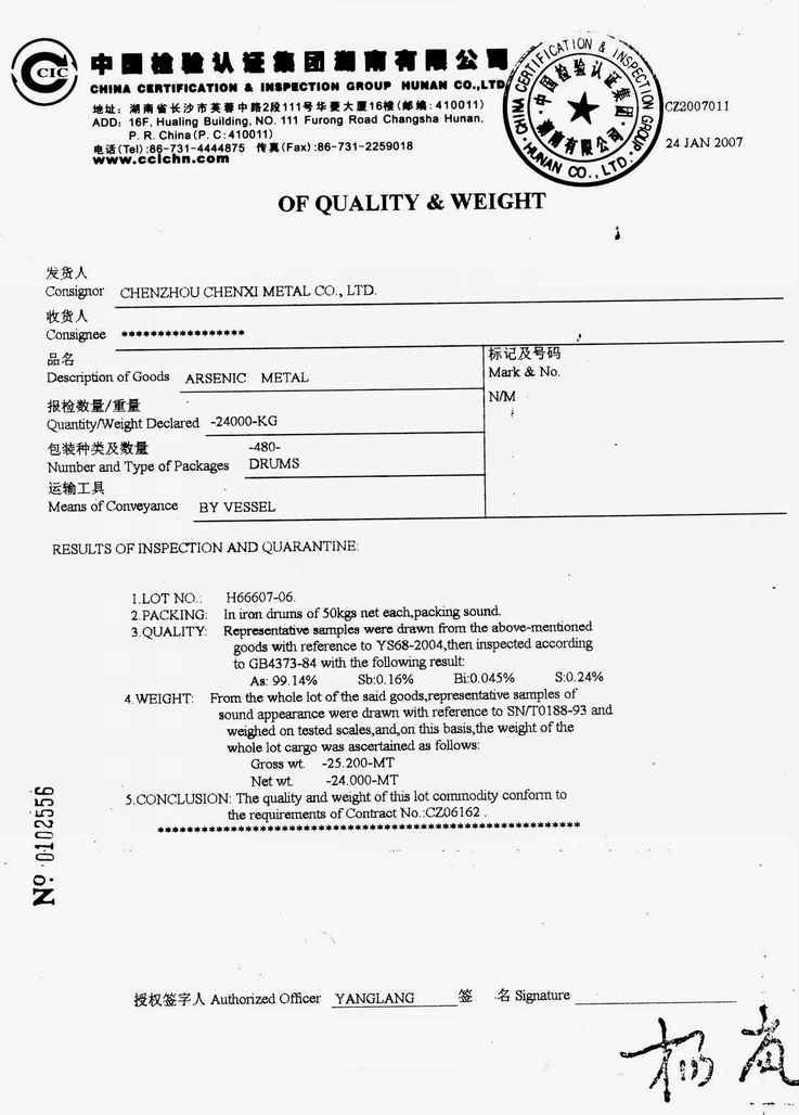 arsenic metal analysis report